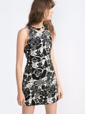 NWOT Zara Black and White Floral Sleeveless Mini Dress Open Back Size XS